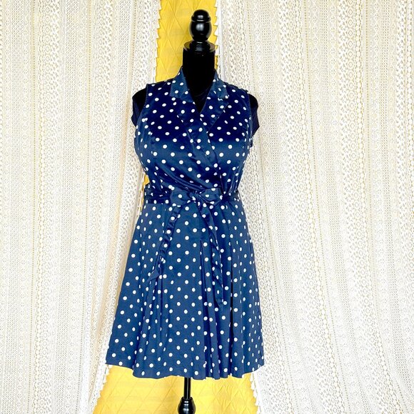 Chaps Navy Blue & White Polka Dot Sleeveless Fit & Flare Mini Dress Size 12 - Picture 1 of 13